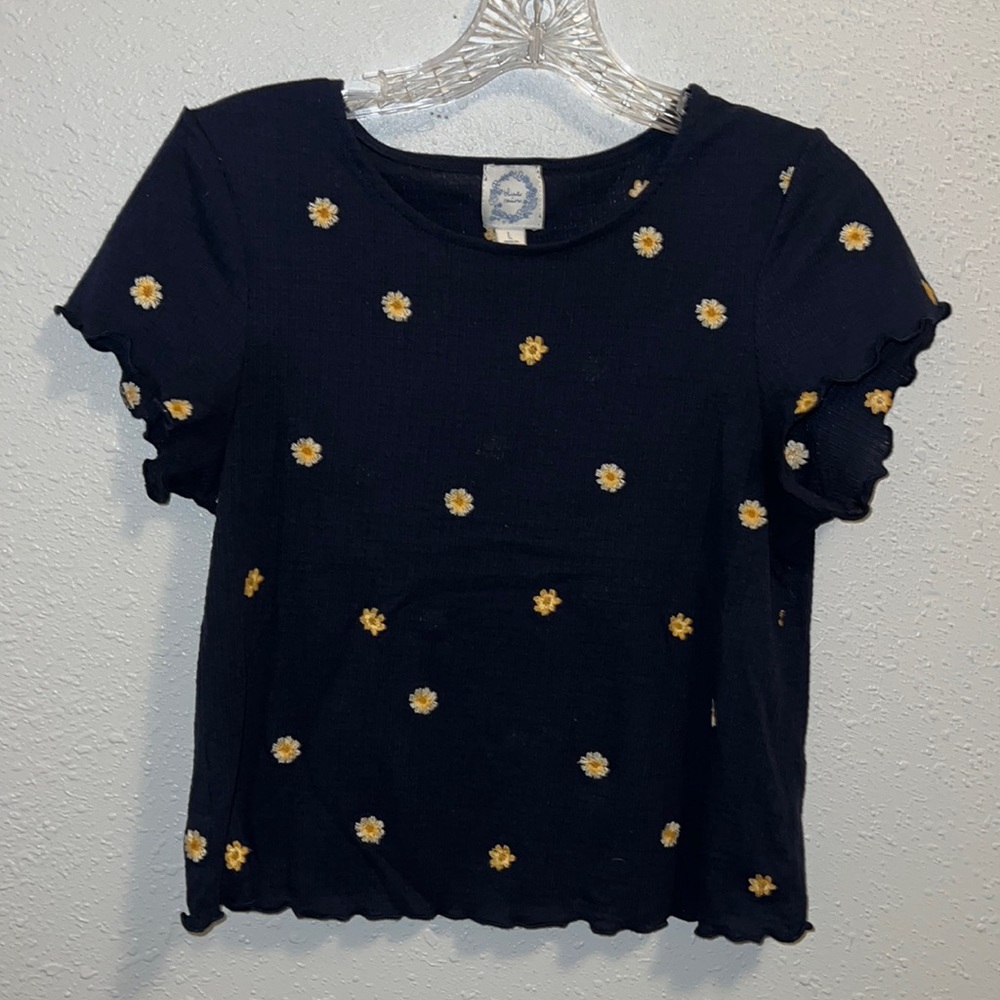Blue Shirt with Embroidered Yellow Daisies